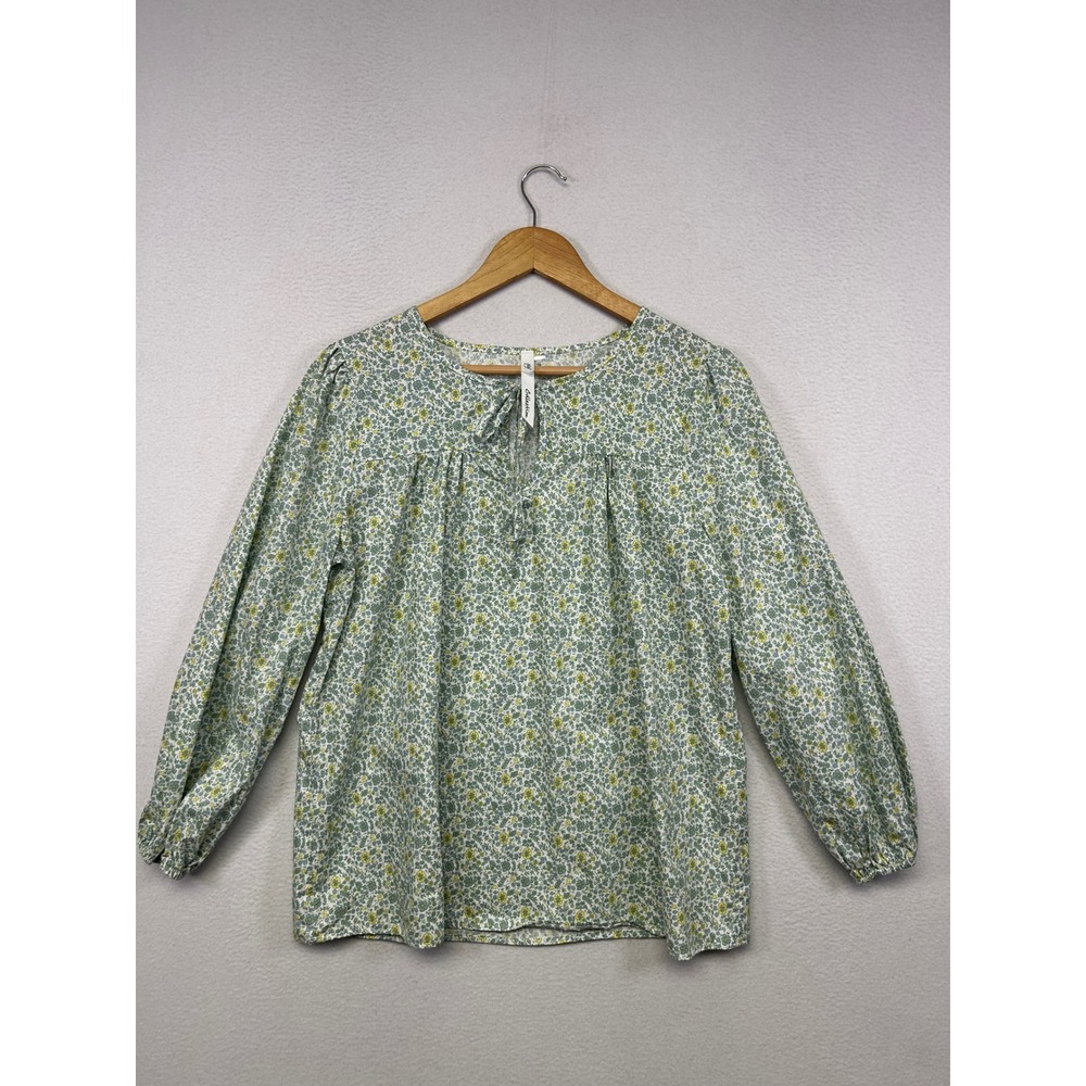 Cottagecore Boho NY Collection Women Medium Green Floral Tie Neck Peasant Blouse